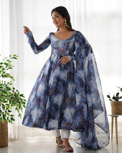 LadyVastara Women’s Pure Soft Organza Silk Marble Print Anarkali Suit Set with Gota Patti Dupatta