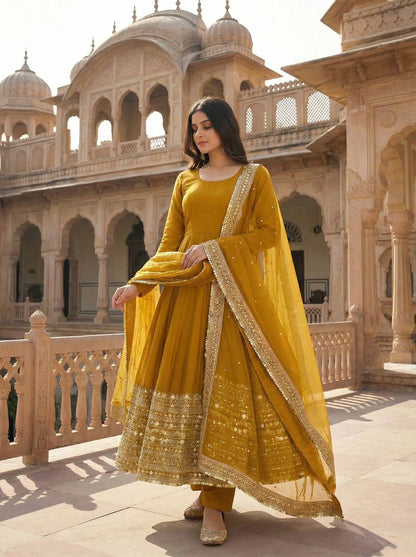 LadyVastara Luxury Party Wear Roman Silk Gown Set for Women