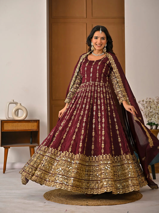 LadyVastara Elegant Maroon Ethnic Kurta Palazzo Set with Full Embroidery