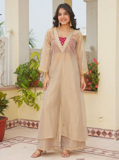 LadyVastara Golden Tissue Kurta Set with Embroidered Blouse & Palazzo