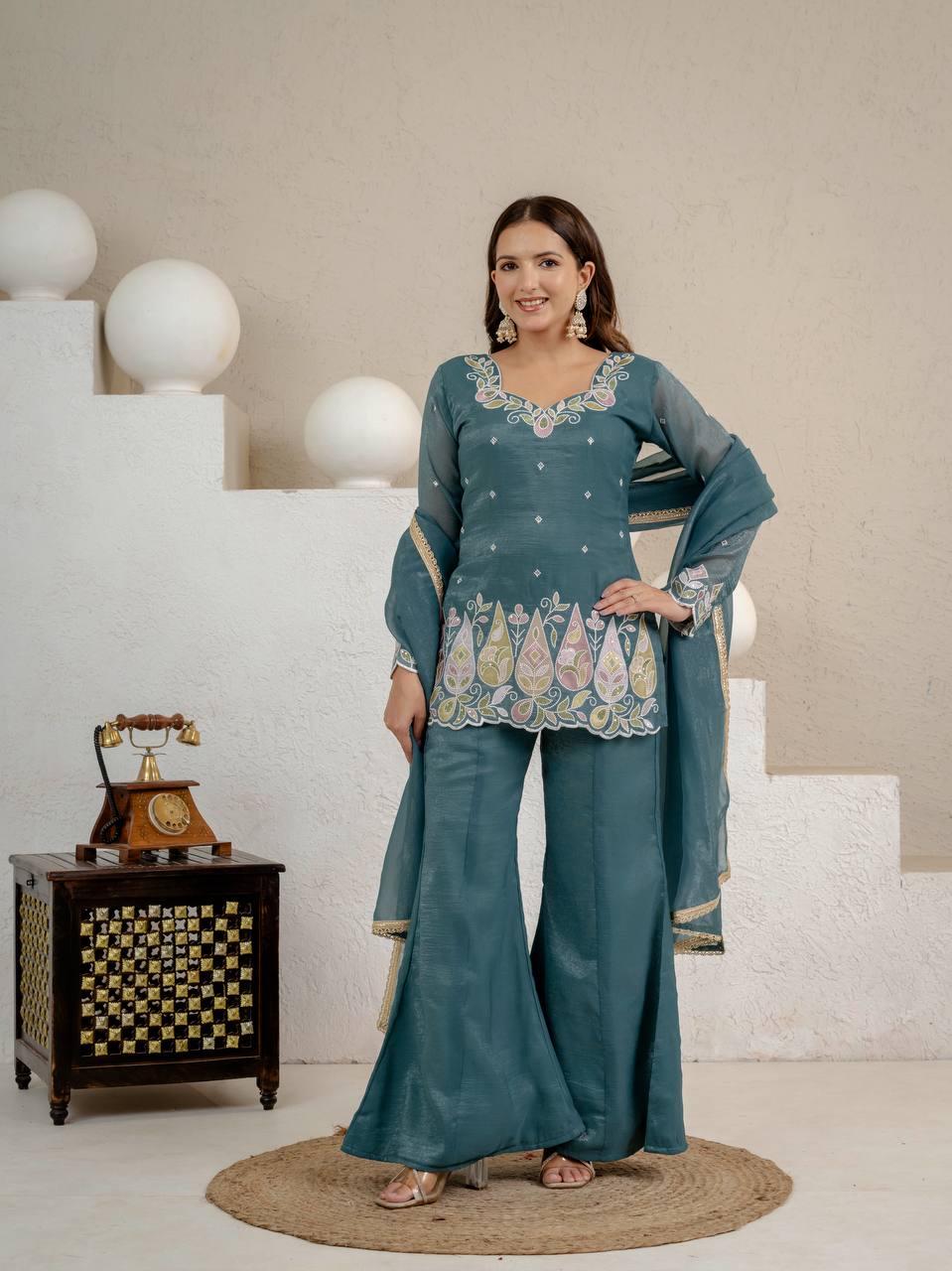 LadyVastara Heavy Crunchy Silk Embroidered Kurta Set with Palazzo & Dupatta