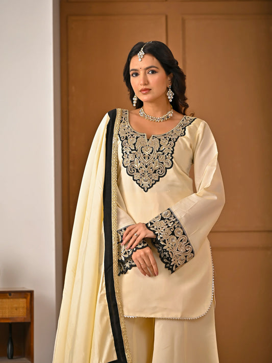 LadyVastara Embroidered Roman Silk Sharara Set with Dupatta | Evening & Party Wear