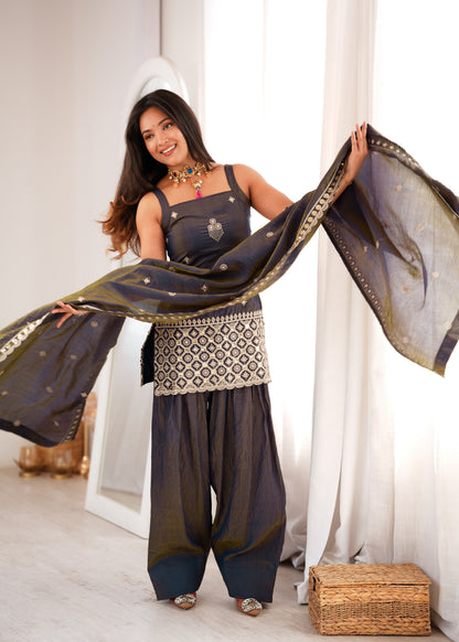 LadyVastara Premium Ethnic NC Vichitra Silk Kurta Farshi Shalwar Set