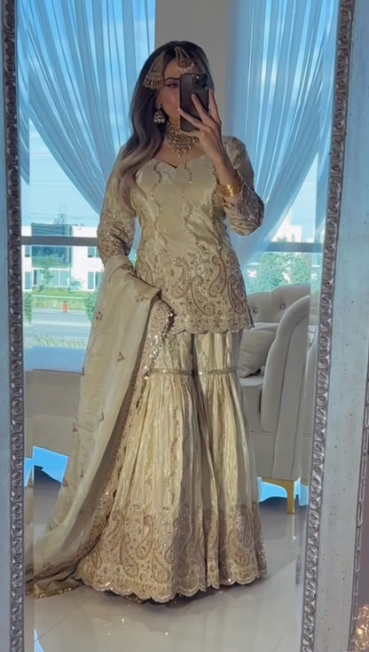 LadyVastara Premium Chinon Silk Embroidered Sharara Set
