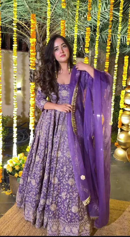 LadyVastara Purple Embroidered Crunchy Silk Anarkali Suit Set with Organza Dupatta