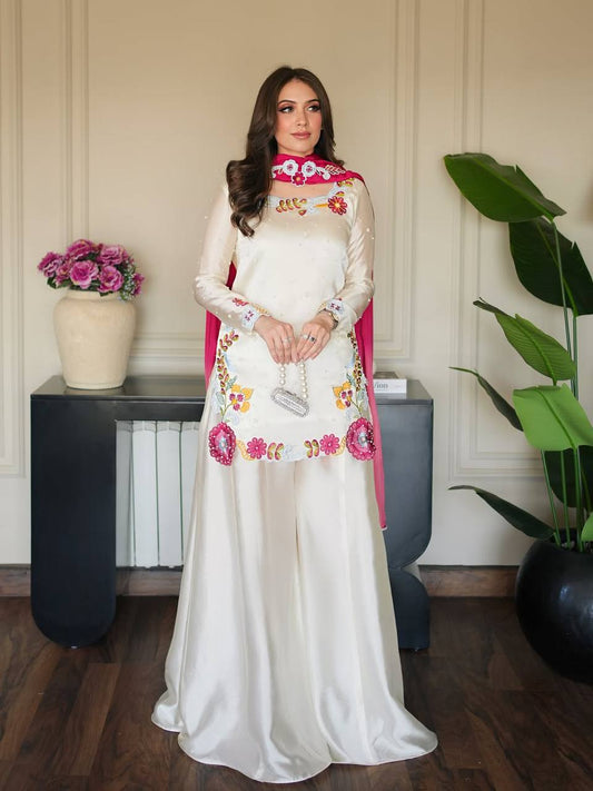 LadyVastara Heavy Roman Glass Silk Embroidered Sharara Suit Set with Chiffon Dupatta