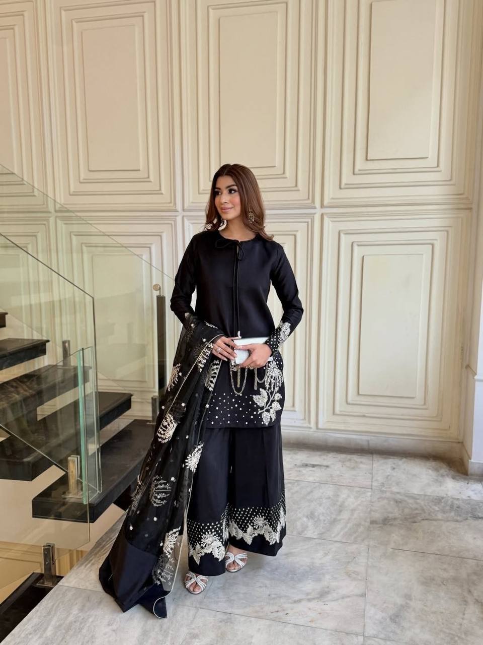 Party Wear Embroidered Crepe Top & Palazzo Set with Dupatta
