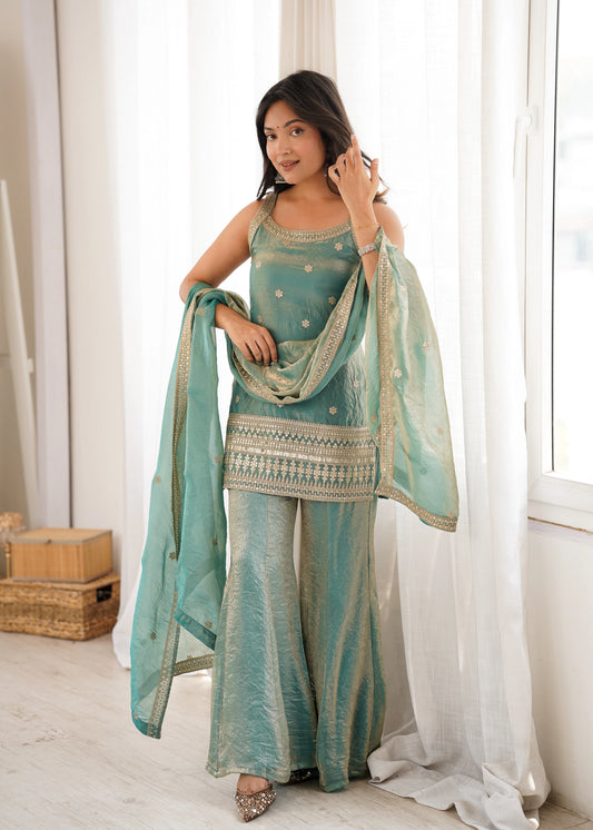 LadyVastara Women Trendy Silk Embroidery Sequence Dori Work Kurta Pant Dupatta Set