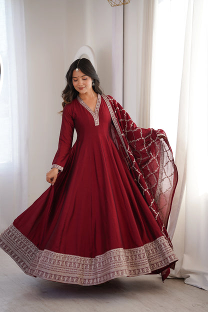 LadyVastara Royal Blooming Vichitra Silk Full Kali Anarkali Gown Set