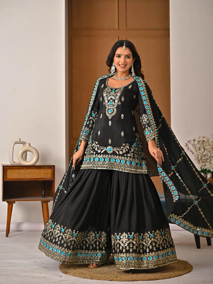 Ladyvastara Black Embroidered Kurta Sharara Set with Dupatta for Wedding & Festive Wear