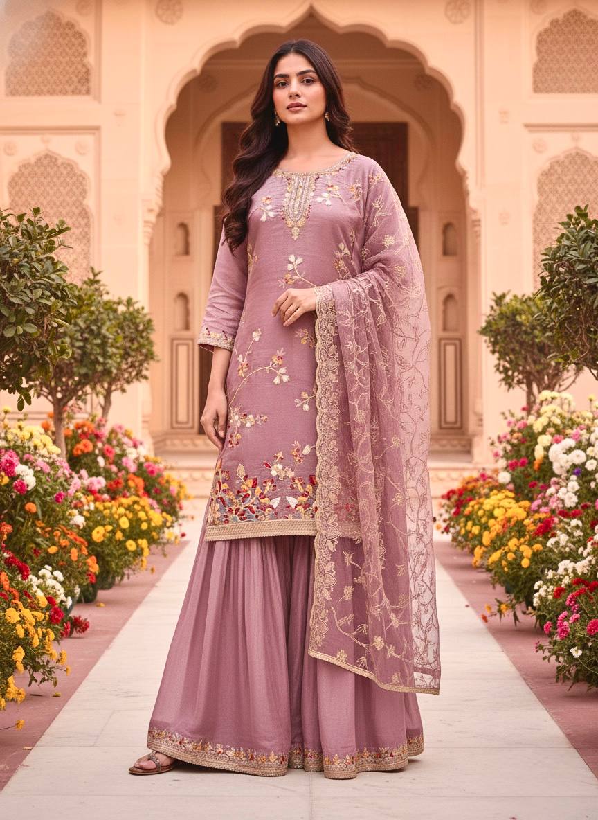 LadyVastara Elegant Pure Jimmy Silk Embroidered Palazzo Suit Set