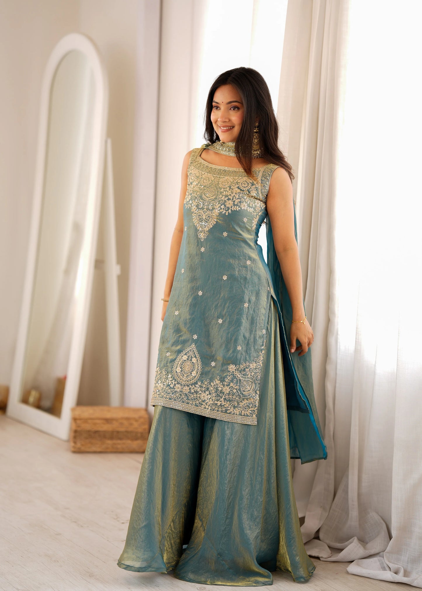 LadyVastara Premium Pure Fendy Silk Embroidered Sharara Set with Dupatta