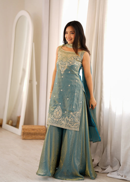 LadyVastara Premium Pure Fendy Silk Embroidered Sharara Set with Dupatta