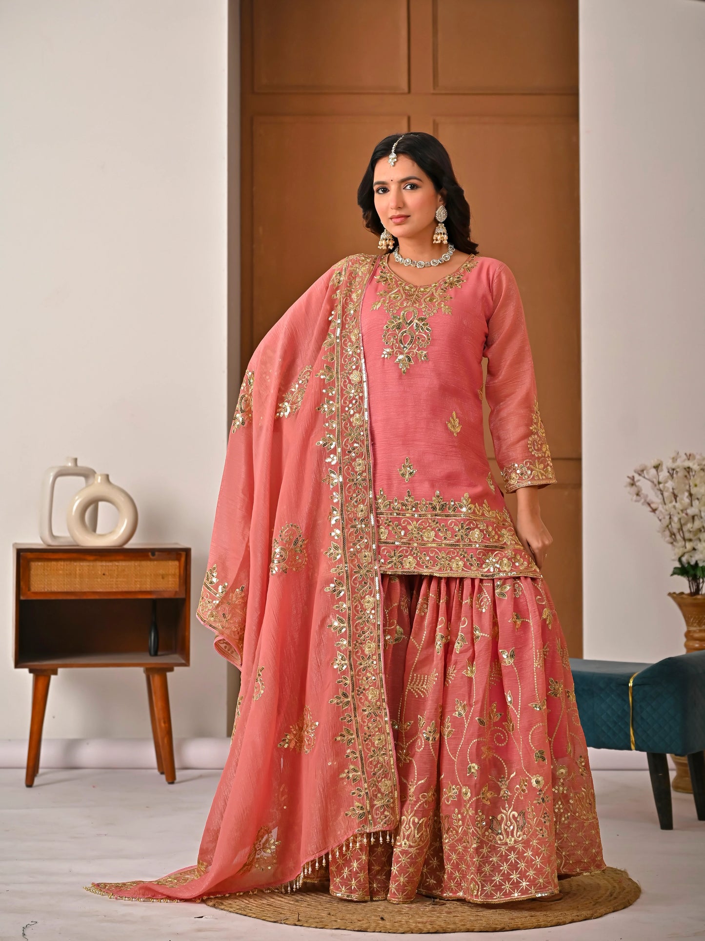 LadyVastara Royal Peach Crunchy Silk Embroidered Sharara Set