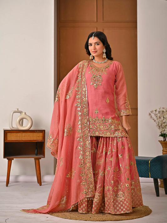 LadyVastara Royal Peach Crunchy Silk Embroidered Sharara Set