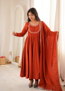 LadyVastara Premium Roman Chanderi Silk Anarkali Suit with Pant & Dupatta