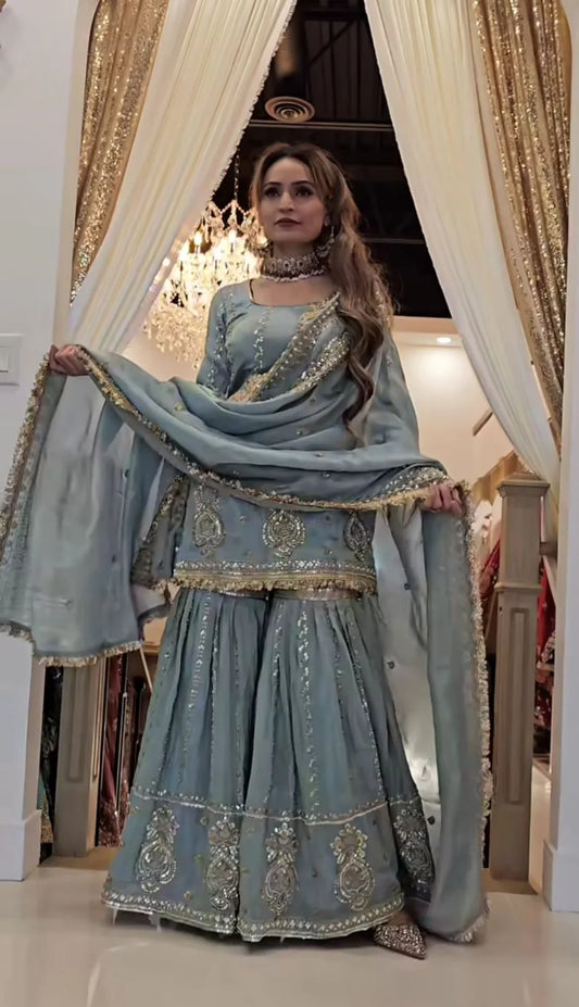 LadyVastara Women's Heavy Embroidered Aque Blue  Sharara Set – Premium Party & Festive Wear