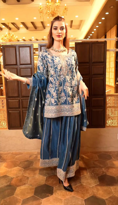 LadyVastara Beautiful Sky Blue Embroidered Sharara Gown for Women: Classic Design, Fine Details, Ideal for Parties, Weddings, and Festive Occasions