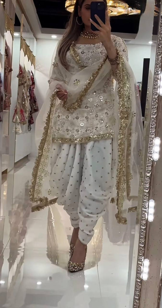 LadyVastara Elegant Faux Georgette Embroidered Top with Dhoti Salwar & Dupatta Set