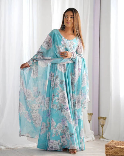 LadyVastara Designer Floral Print Fox Georgette Anarkali Gown