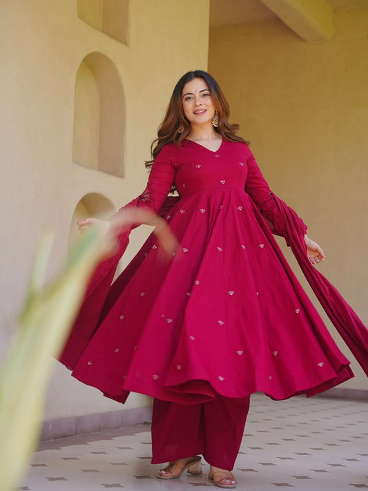 LadyVastara Heavy Roman Silk Embroidered Anarkali Kurta Set with Palazzo & Chanderi Silk Dupatta