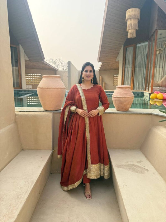 LadyVastara Heavy NC Vichitra Embroidered Anarkali Suit Set with Pant & Sequence Dupatta
