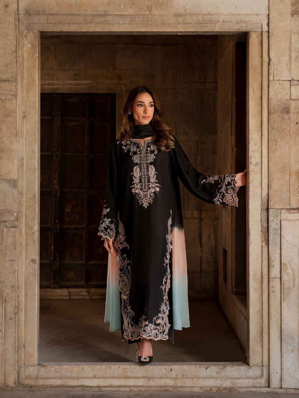 LadyVastara Women's Designer Embroidered Satin Rayon Kaftan Set with Pant & Shaded Chiffon Dupatta