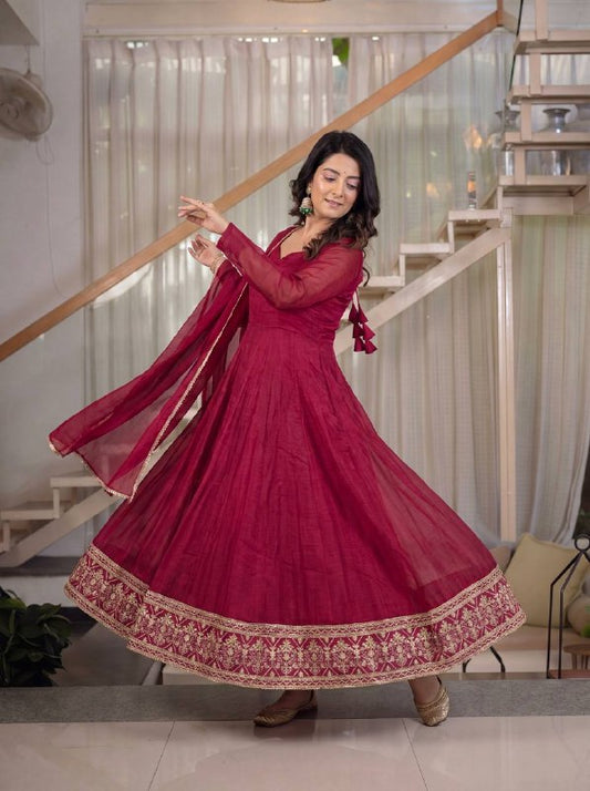 LadyVastara Heavy Crunchy Silk Embroidered Anarkali Kurta Set with Pant & Dupatta