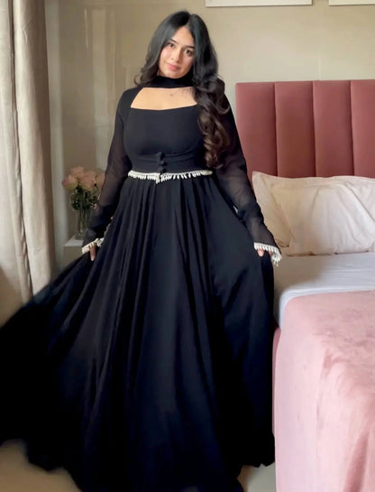 LadyVastara  Elegant Designer Faux Georgette Maxi Anarkali Suit Set With Koti & Dupatta