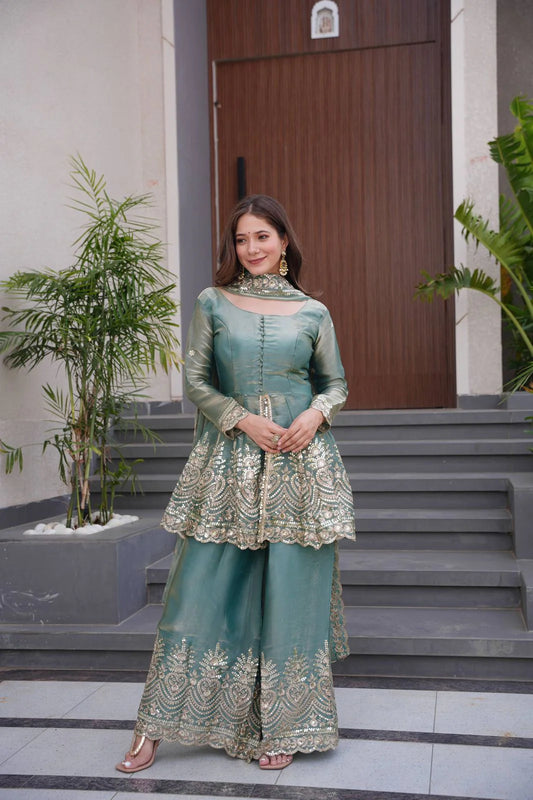 LadyVastara Designer Party Wear Two-Tone Fendy Satin Silk Gown Sharara Set with Heavy Embroidery, Real Mirror Work & Dupatta