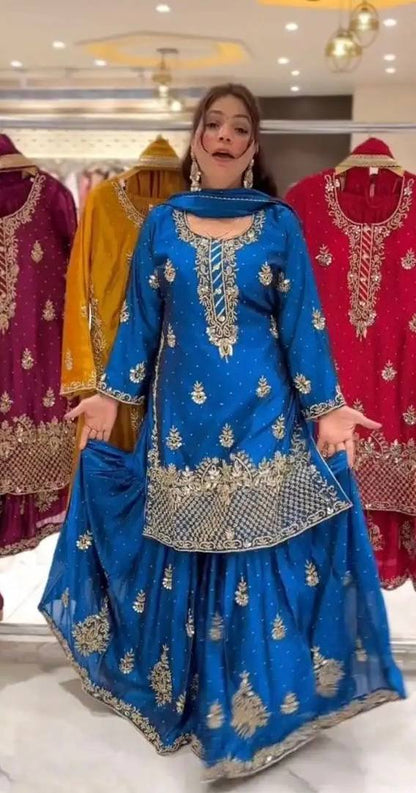 Ladyvastara Heavy Chinon Silk Sequence Embroidery Sharara Set with Dupatta