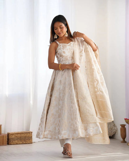 LadyVastara Royal Banarasi Jackquard Dola Silk Anarkali Gown Set