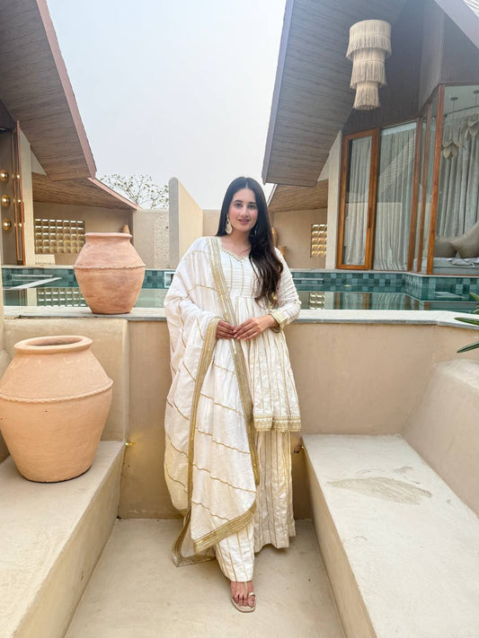 LadyVastara Royal Embroidered Vichitra Silk Sharara Suit with Dupatta