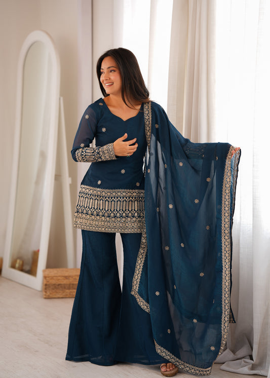 LadyVastara Crunchy Silk Embroidered Kurta with Bell Bottom Pant & Dupatta