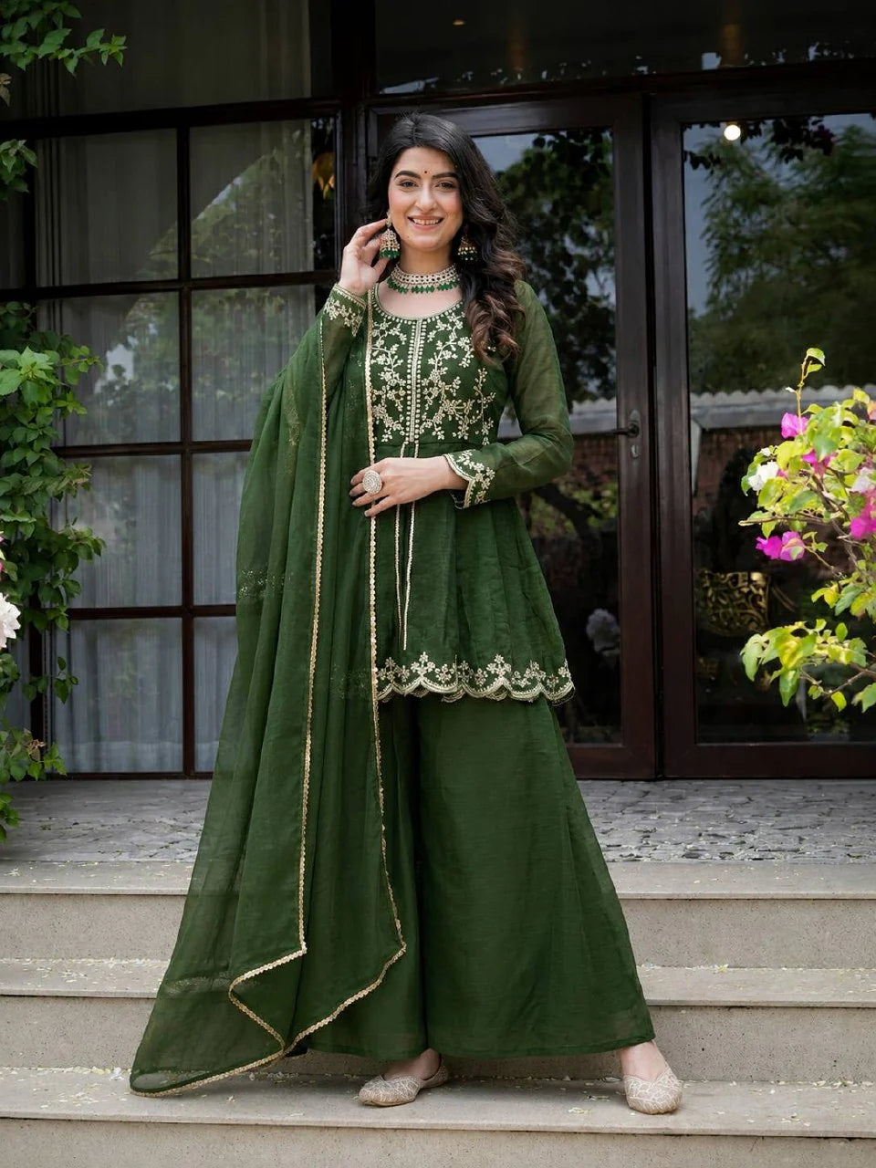 LadyVastara Royal Green Embroidered Kurta Palazzo Dupatta Set for Women