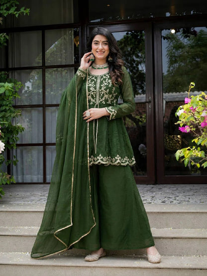 LadyVastara Royal Green Embroidered Kurta Palazzo Dupatta Set for Women