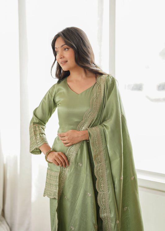 LadyVastara Designer Glass Roman Silk Farshi Salwar Suit with Sequence Dori Jari Work