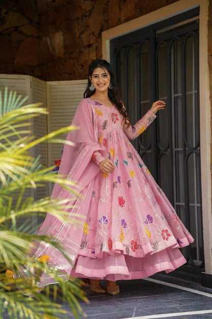 LadyVastara Multicolor Floral Embroidery Gown Sharara Set with Gota Patti Dupatta
