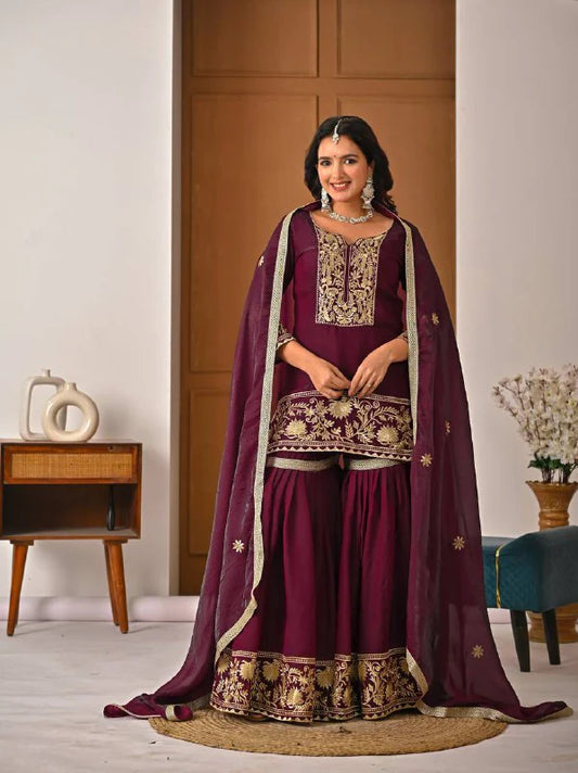 LadyVastara Premium Heavy Fendy Silk Embroidery Sharara Palazzo Suit