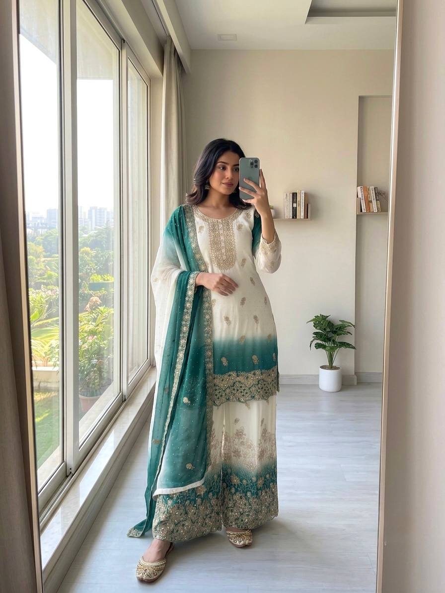 Heavy Dual Tone Georgette Embroidered Diamond Work Kurta Palazzo Set