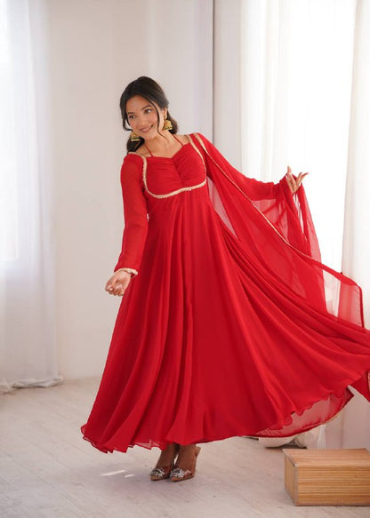 LadyVastara Premium Designer Fox Georgette Long Gown with Rich Flare & Lace Dupatta
