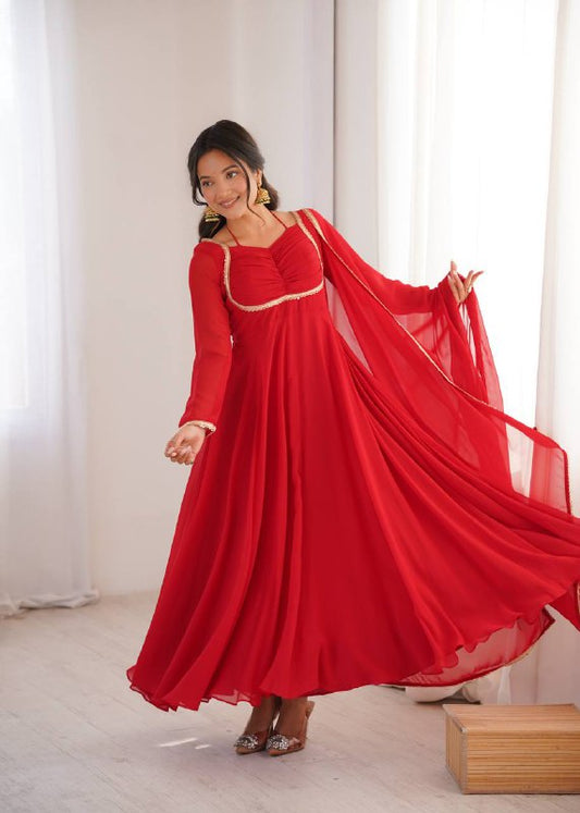 LadyVastara Premium Designer Fox Georgette Long Gown with Rich Flare & Lace Dupatta