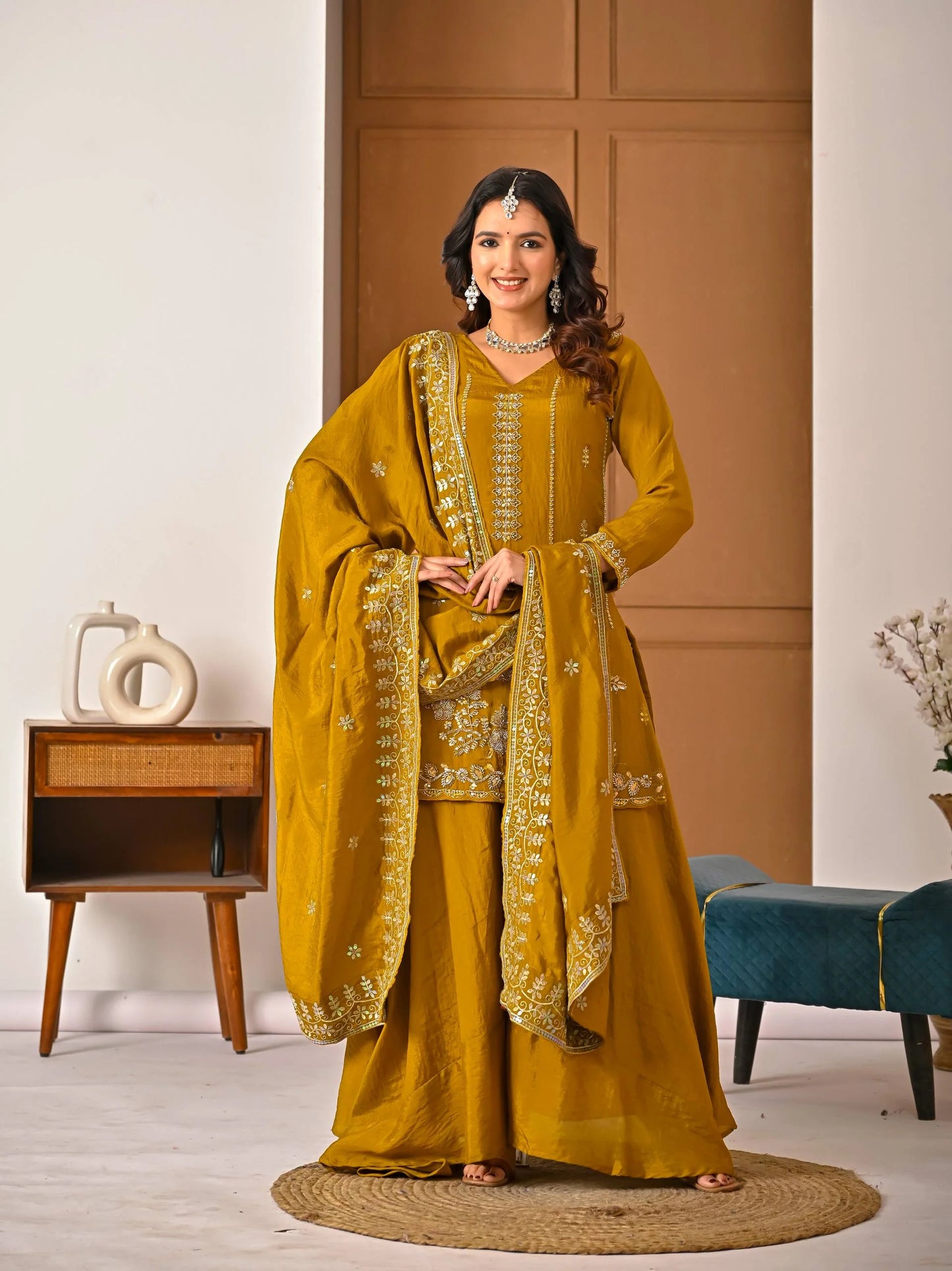 LadyVastara Women's Heavy NC Vichitra Embroidered Sharara Set with Dupatta