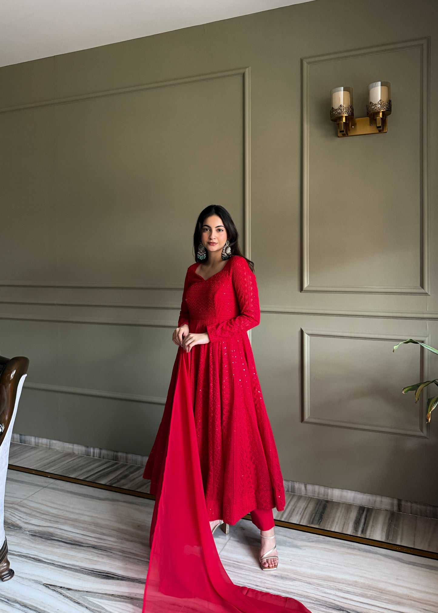 LadyVastara Heavy Fox Georgette Lucknowi Embroidered Anarkali Suit Set with Ruffle Dupatta