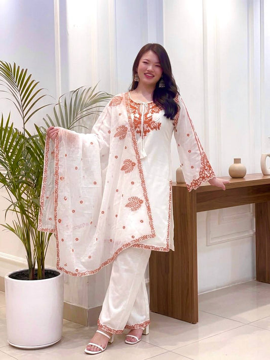 Pure Roman Silk Embroidered Plazzo Suit Set with Tassel Sleeves & Dupatta