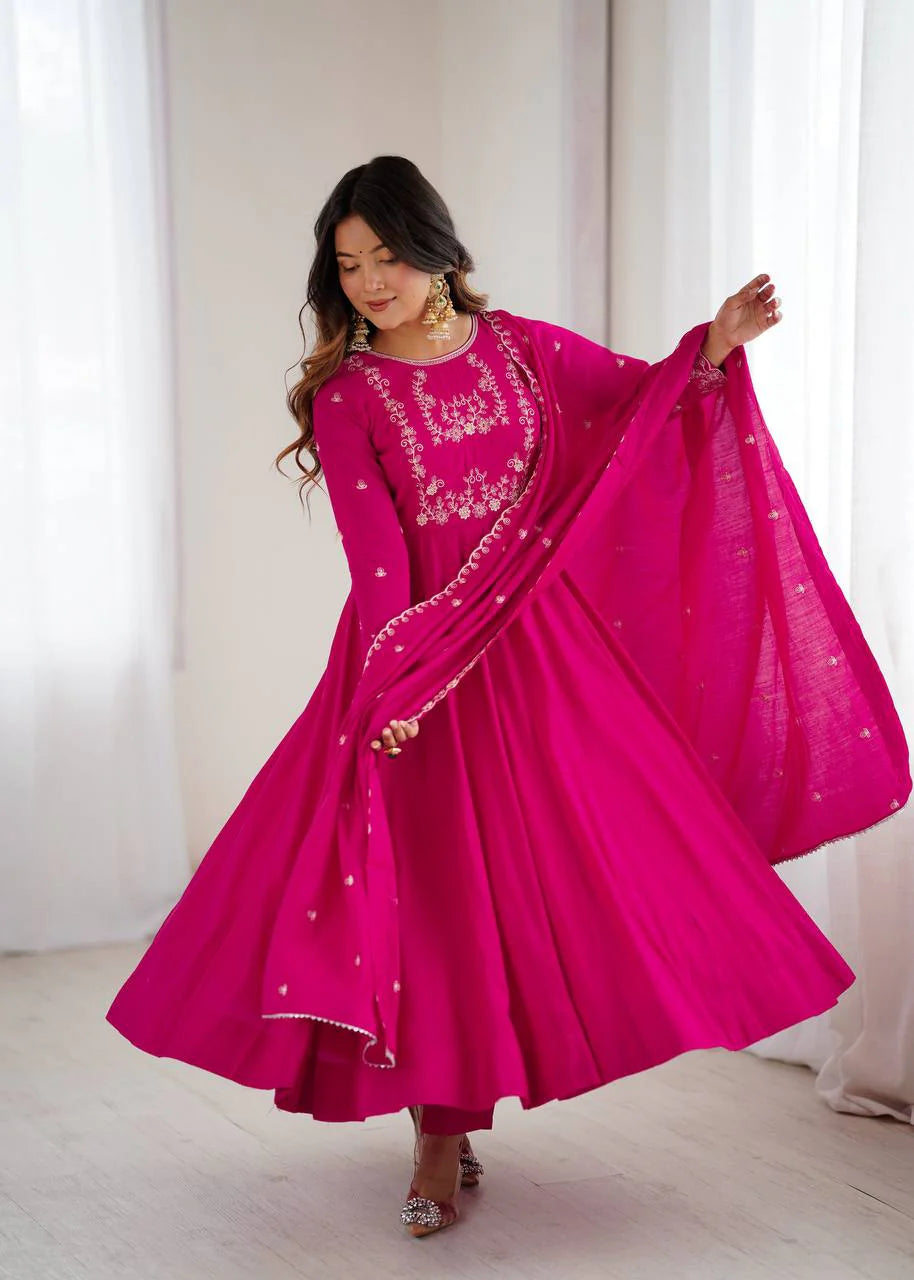 LadyVastara Premium Roman Chanderi Silk Flared Anarkali Suit Set with Embroidered Dupatta for Wedding & Festive Wear