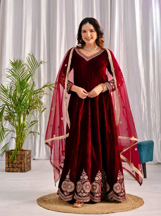 LadyVastara Premium Velvet Designer Anarkali Suit with Heavy Embroidery & Dupatta
