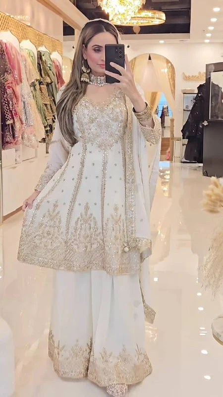 LadyVastara Heavy Chinon Silk Embroidered Top Sharara Palazzo Set with Dupatta
