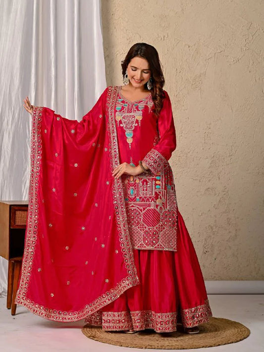 LadyVastara Designer Chinnon Silk Kurta Sharara Set with Embroidered Dupatta