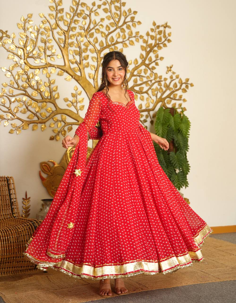 LadyVastara Bandhej Print Faux Georgette Gown Set with Dupatta & Bottom